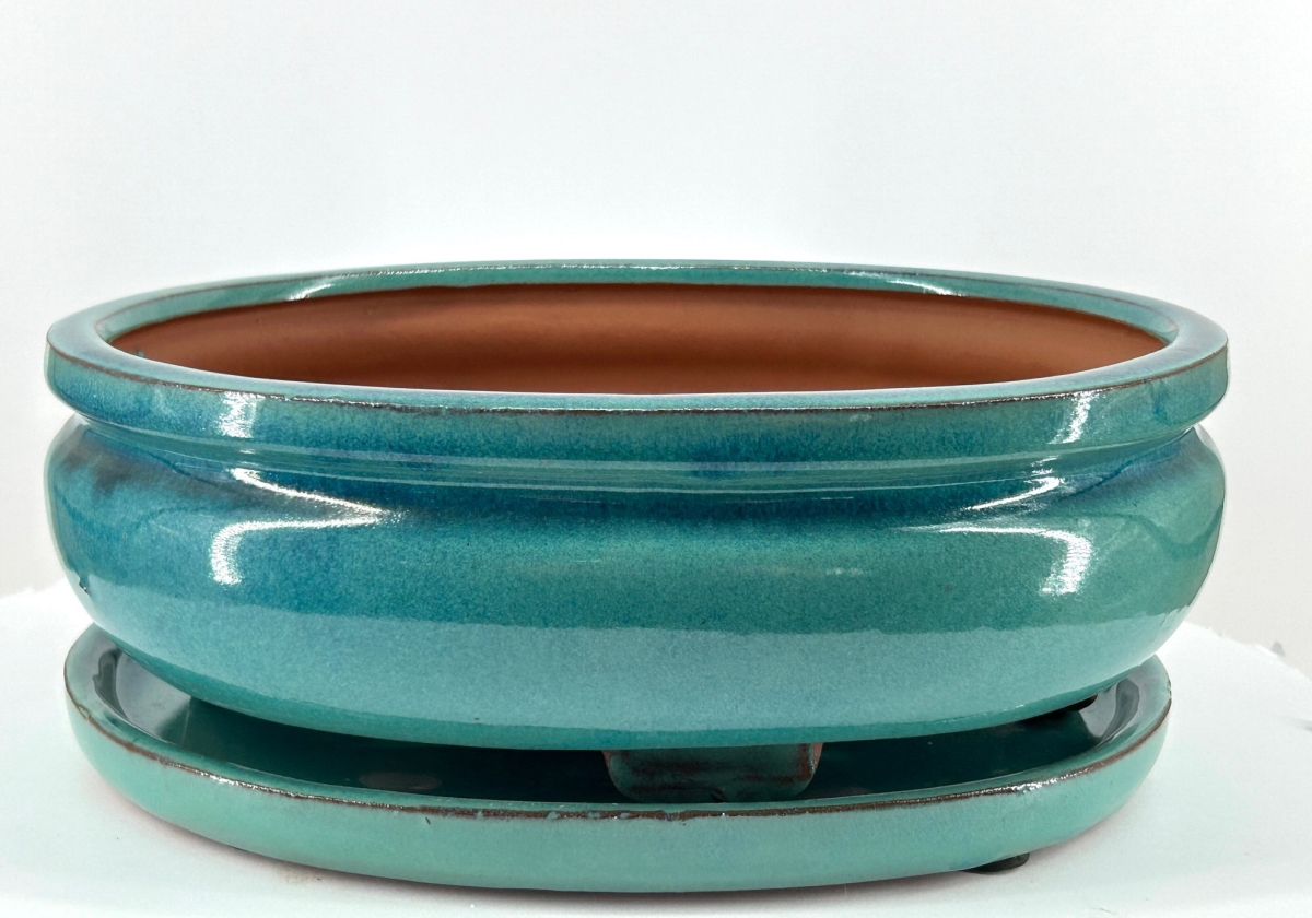 L192a Turquoise Oval Ceramic Bonsai Pot with Humidity Drip Tray