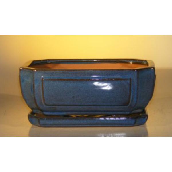L243 Rectangle Professional Series Blue Ceramic Bonsai Pot with Attached Humidity & Drip Tray - 10.75 x 8.5 x 4.12 in.