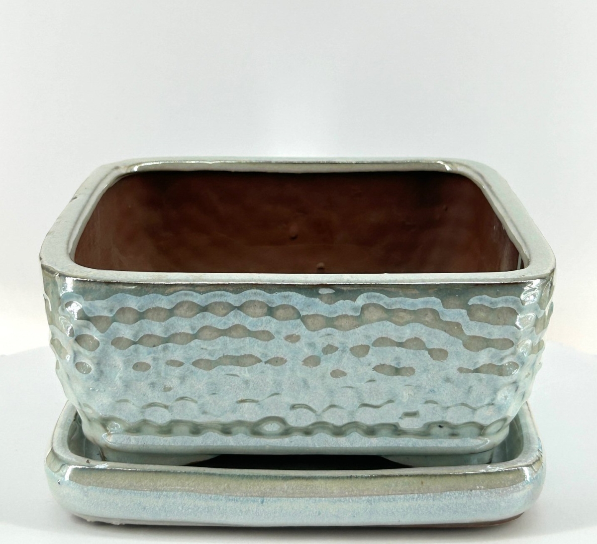 L248a Crackle Pearl Square Ceramic Bonsai Pot with Humidity & Drip Tray