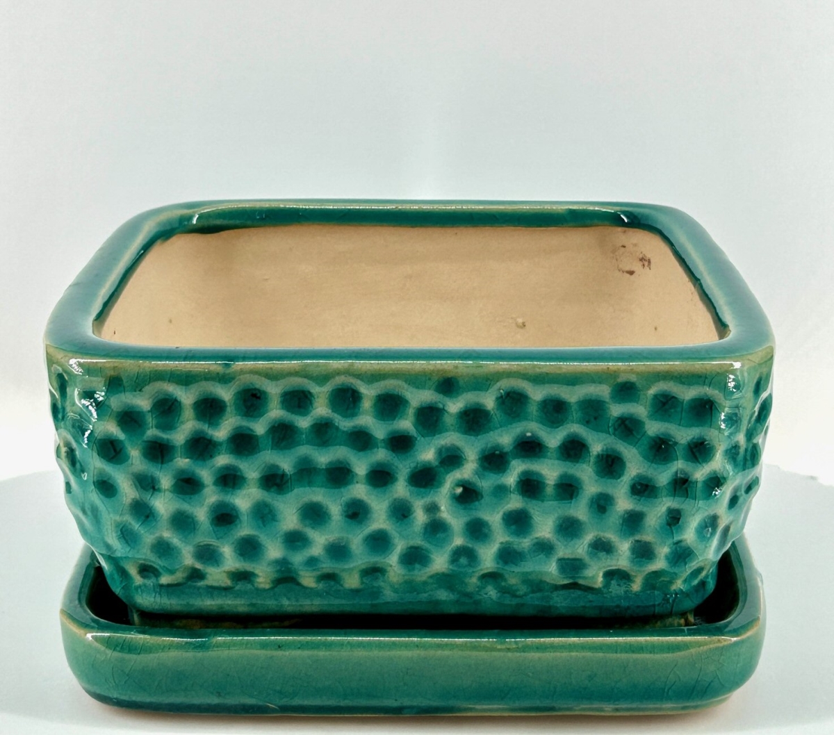 L248b Crackle Teal Green Square Ceramic Bonsai Pot with Humidity & Drip Tray 9
