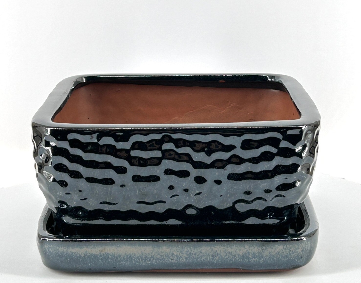 L248c Crackle Black Square Ceramic Bonsai Pot with Humidity & Drip Tray