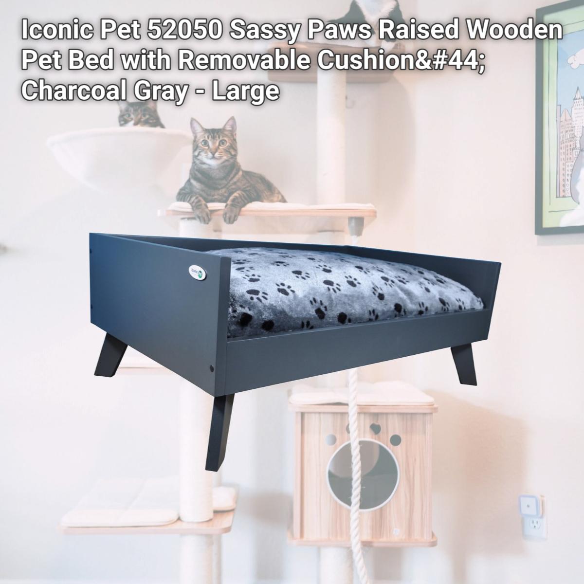 Picture of Iconic Pet 52050 Sassy Paws Raised Wooden Pet Bed with Removable Cushion&#44; Charcoal Gray - Large