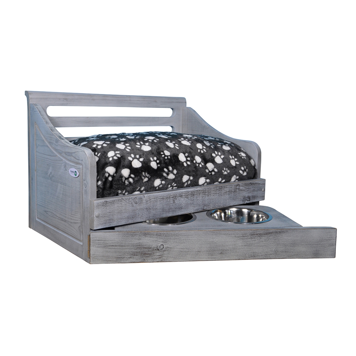 Picture of Iconic Pet 52051 Sassy Paws Multipurpose Wooden Pet Bed with Feeder&#44; Antique Gray - Small