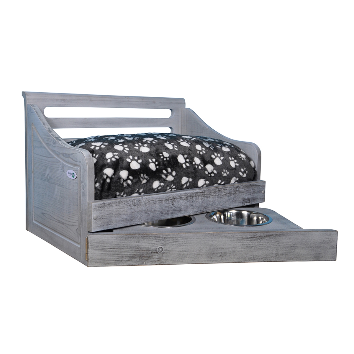 Picture of Iconic Pet 52052 Sassy Paws Multipurpose Wooden Pet Bed with Feeder, Antique Gray - Medium