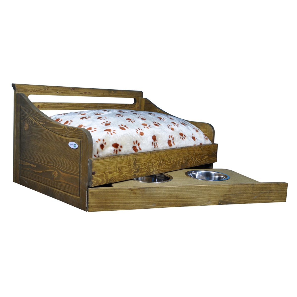 Picture of Iconic Pet 52053 Sassy Paws Multipurpose Wooden Pet Bed with Feeder&#44; Rustic Brown - Small
