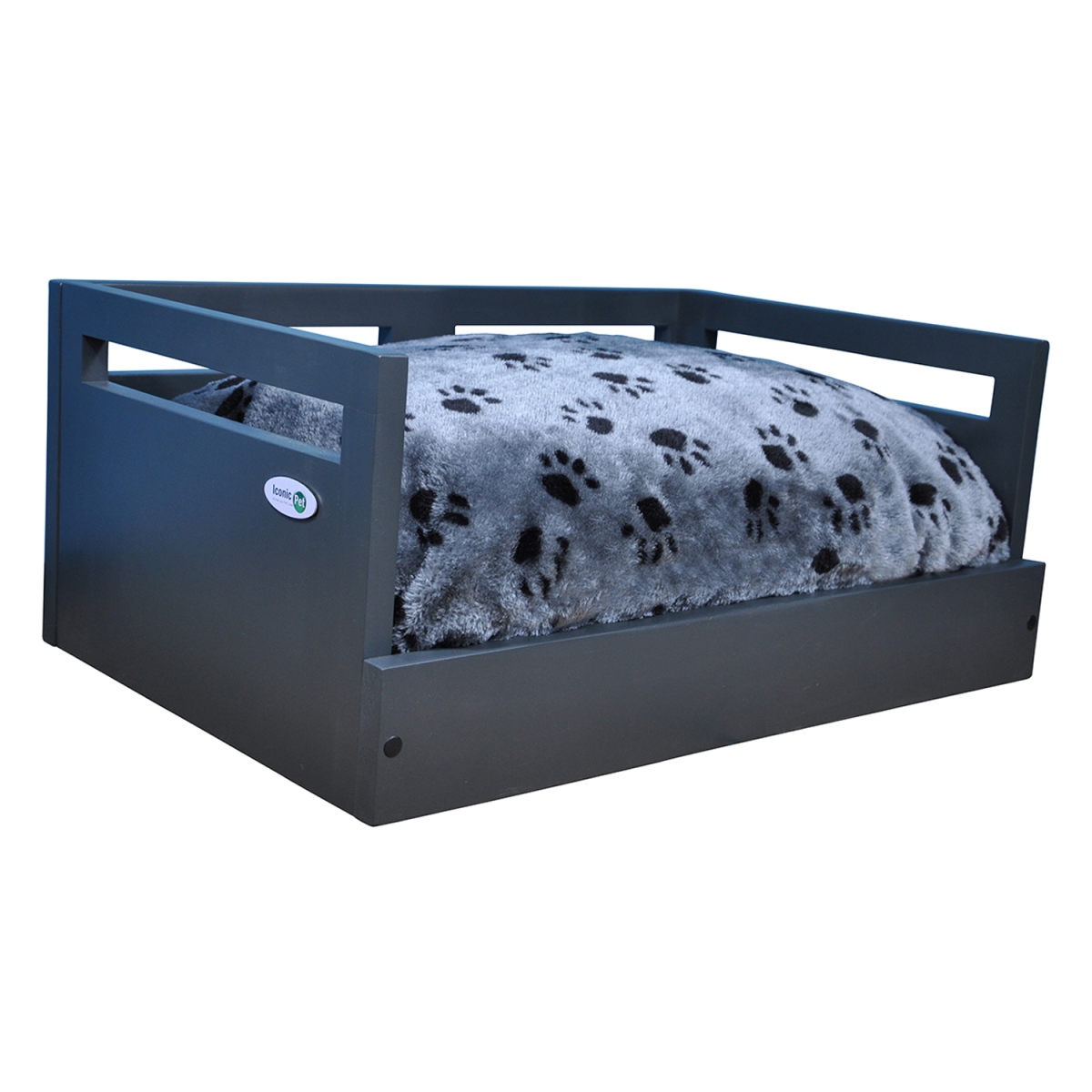 Picture of Iconic Pet 52065 Sassy Paws Wooden Pet Bed with Paw Printed Comfy Cushion&#44; Charcoal Gray - Large