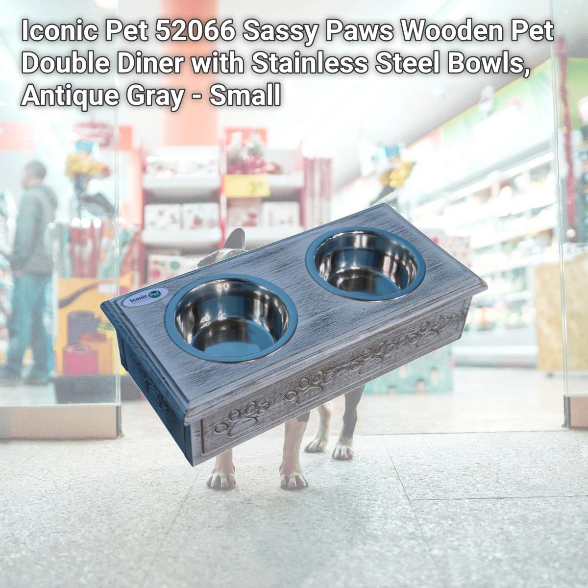 Picture of Iconic Pet 52066 Sassy Paws Wooden Pet Double Diner with Stainless Steel Bowls, Antique Gray - Small
