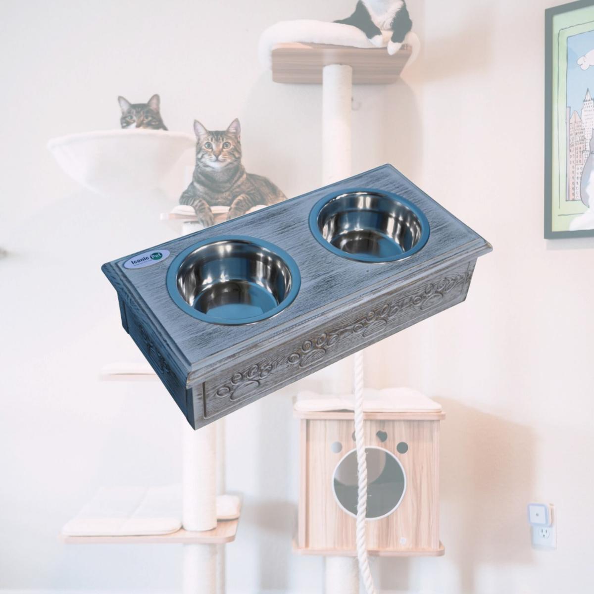 Picture of Iconic Pet 52066 Sassy Paws Wooden Pet Double Diner with Stainless Steel Bowls, Antique Gray - Small