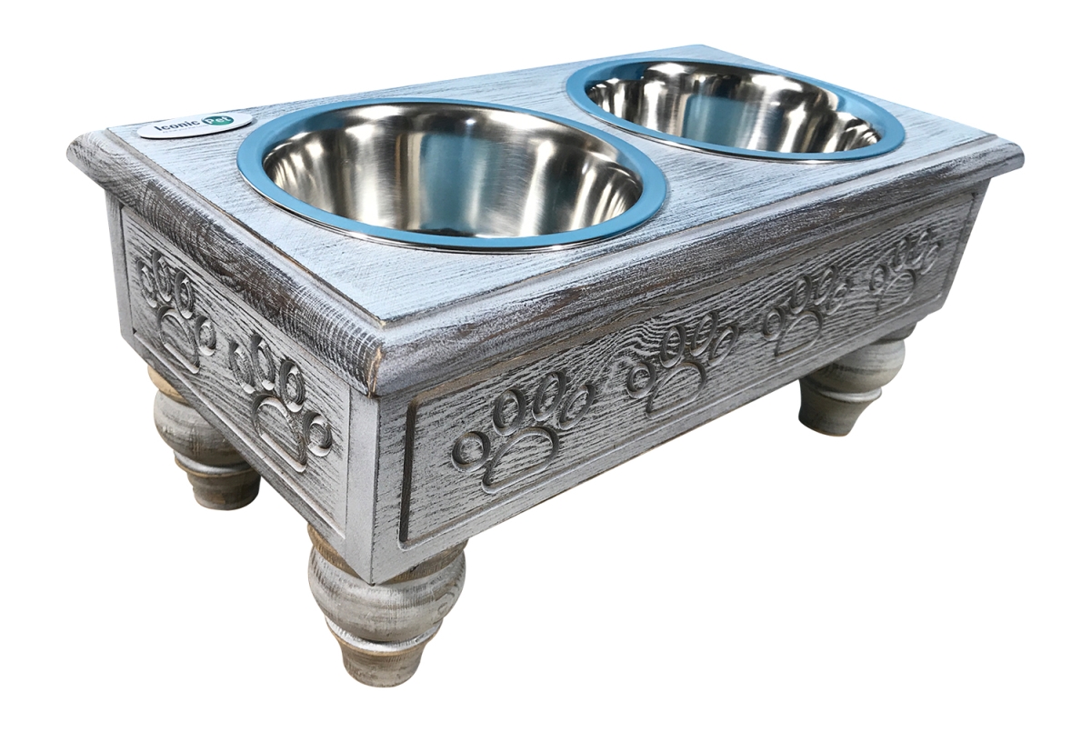 Picture of Iconic Pet 52067 Sassy Paws Raised Wooden Pet Double Diner with Stainless Steel Bowls, Antique Gray - Medium