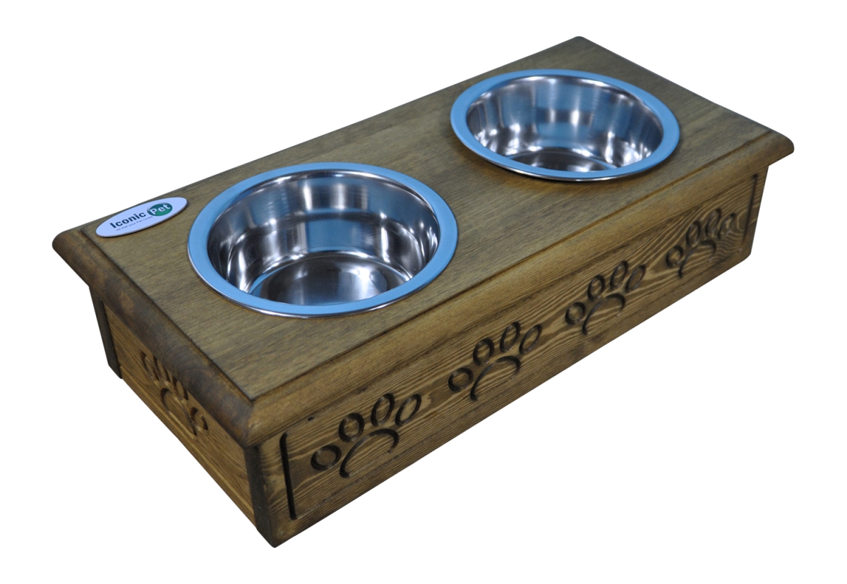 Picture of Iconic Pet 52069 Sassy Paws Wooden Pet Double Diner with Stainless Steel Bowls&#44; Rustic Brown - Small