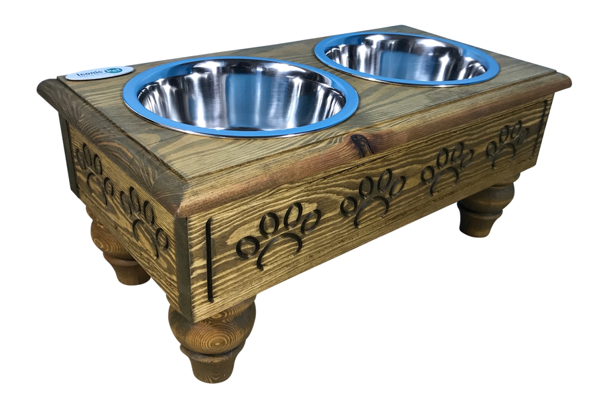 Picture of Iconic Pet 52070 Sassy Paws Raised Wooden Pet Double Diner with Stainless Steel Bowls, Rustic Brown - Medium