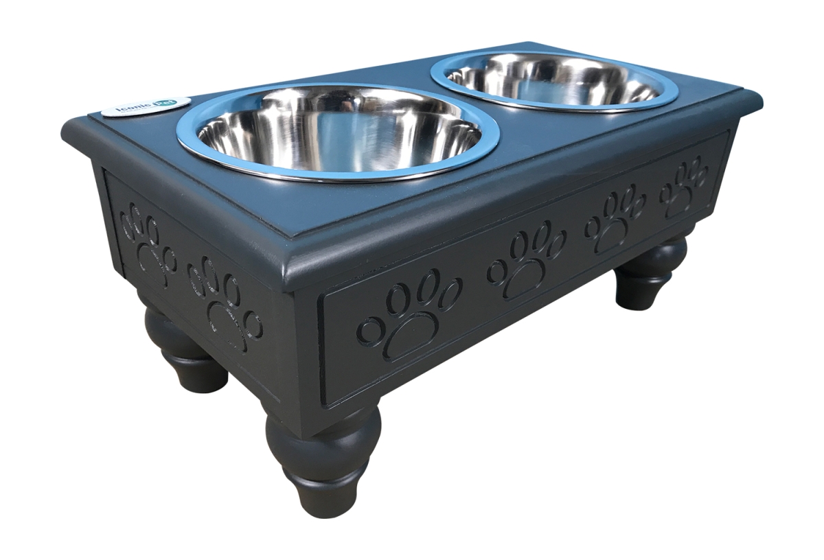 Picture of Iconic Pet 52073 Sassy Paws Raised Wooden Pet Double Diner with Stainless Steel Bowls, Charcoal Gray - Medium
