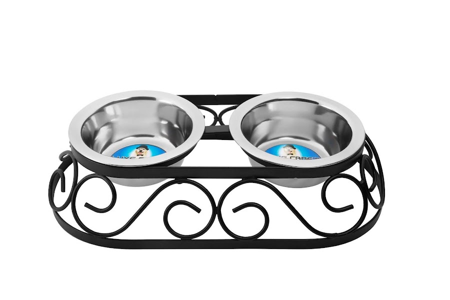 Picture of Indipets 90045 1 qt. Oval Crown Double Diner - Wrought Iron Elevated Feeder&#44; Black