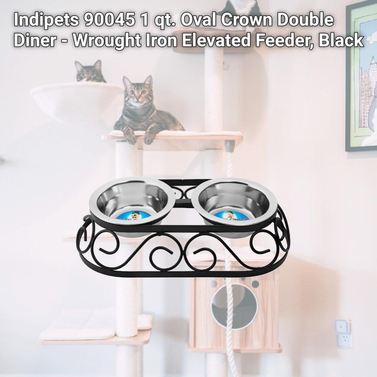 Picture of Indipets 90045 1 qt. Oval Crown Double Diner - Wrought Iron Elevated Feeder, Black