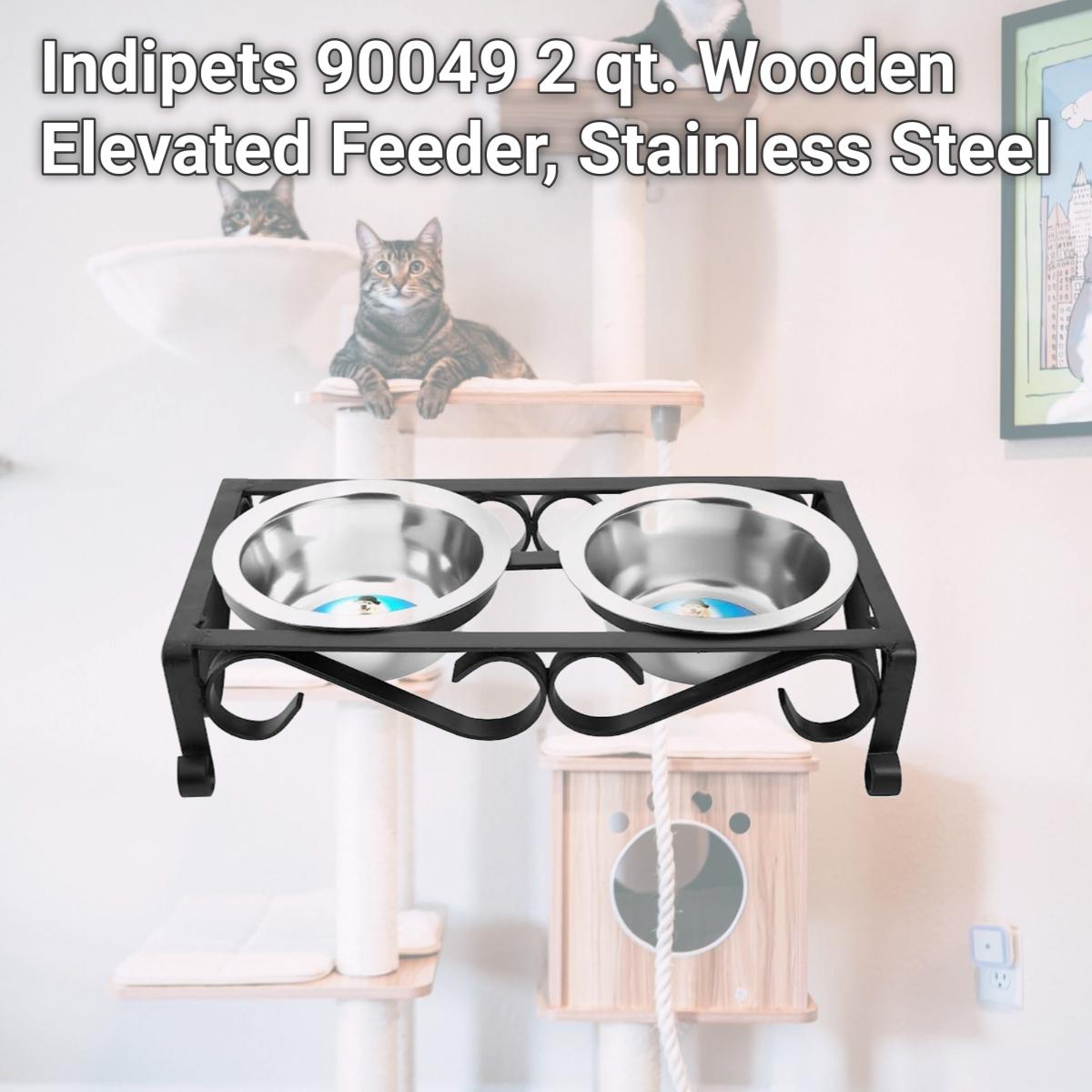 Picture of Indipets 90049 2 qt. Wooden Elevated Feeder, Stainless Steel