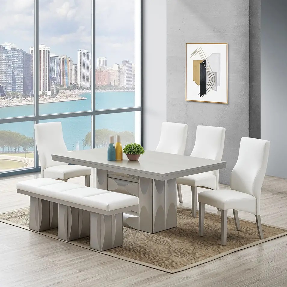 D525-BE-WH Dining Bench, White & Light Gray