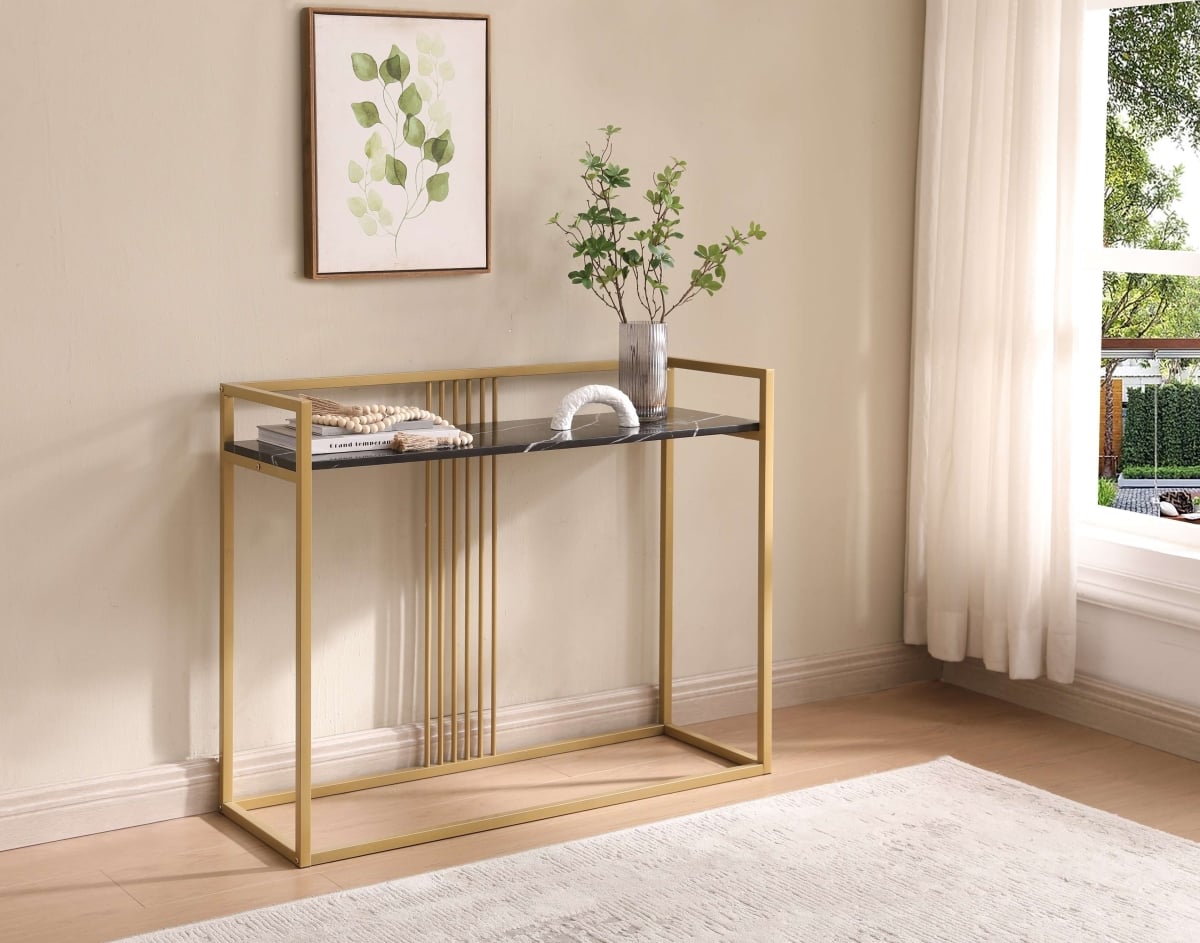 C1425-BL Console Table, Gold & Black Marble