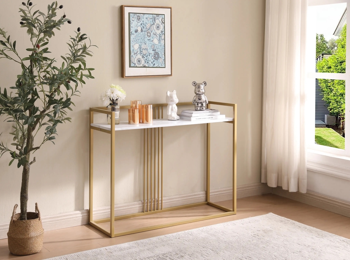 C1425-WH Console Table, Gold & White Marble