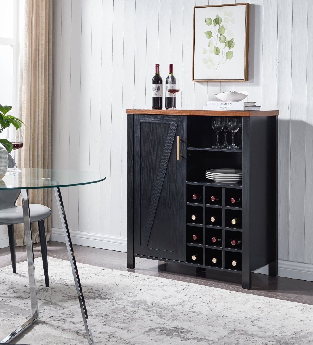 WR1147-BL Wine Cabinet, Black & Walnut