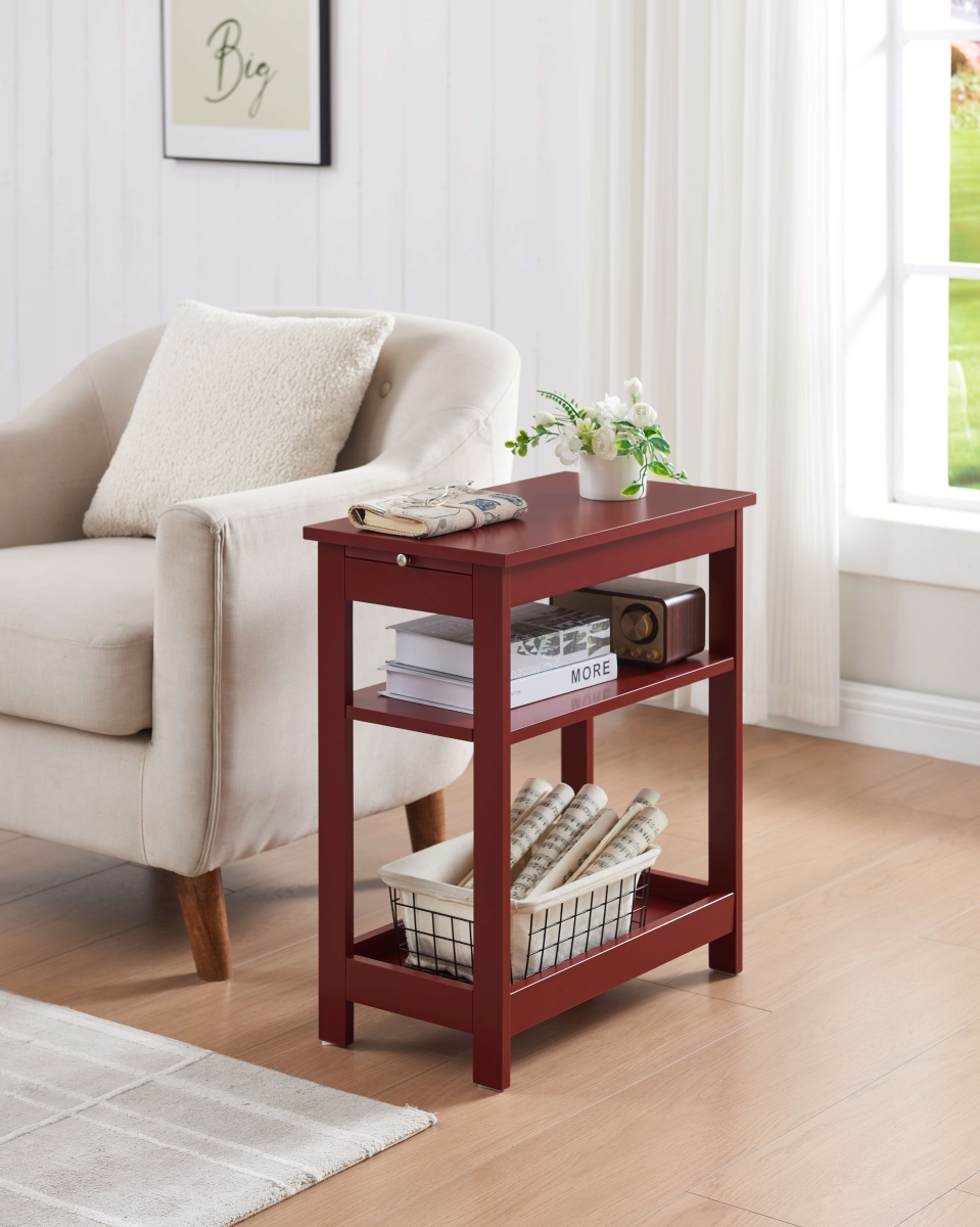 2002R-E Slim Wood Side End Table with Storage Shelves & Pull-Out Tray, Nightstand for Bedroom, Living Room - Red