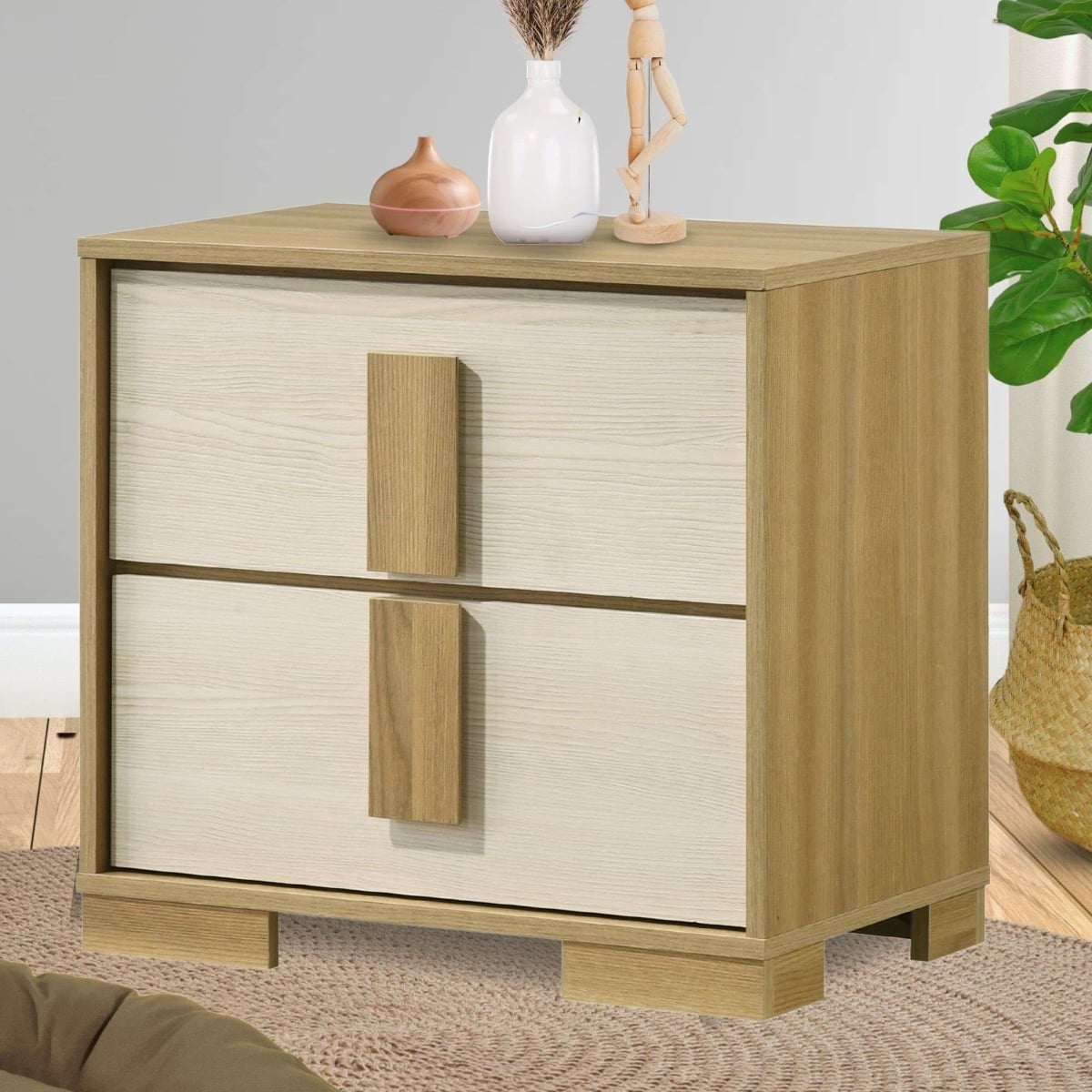 B305-N Boone Wooden Nightstand, Natural & White