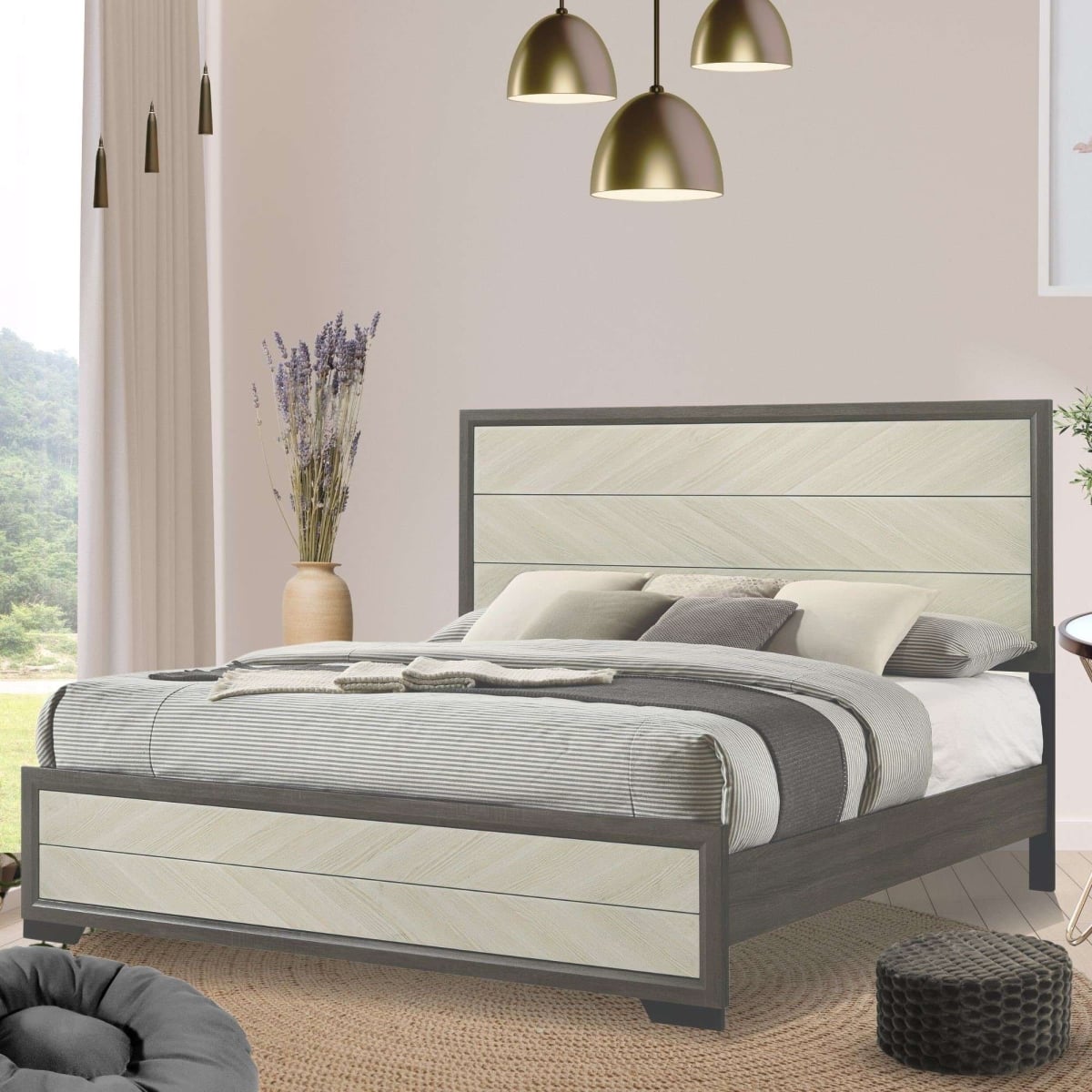 B0105-Q Visalia Wooden Bed, White & Gray - Queen Size