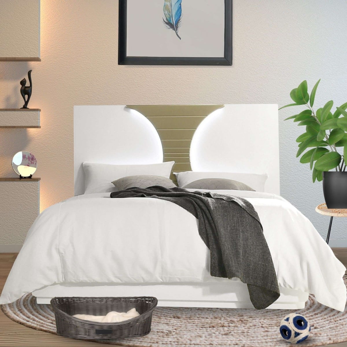 B231-K Modern Wood Upholstered Bed Frame, White & Gold - King Size