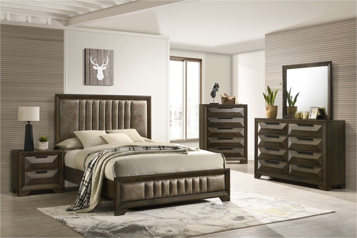 B207-K Modern Upholstered Panel Bed, Walnut - King Size