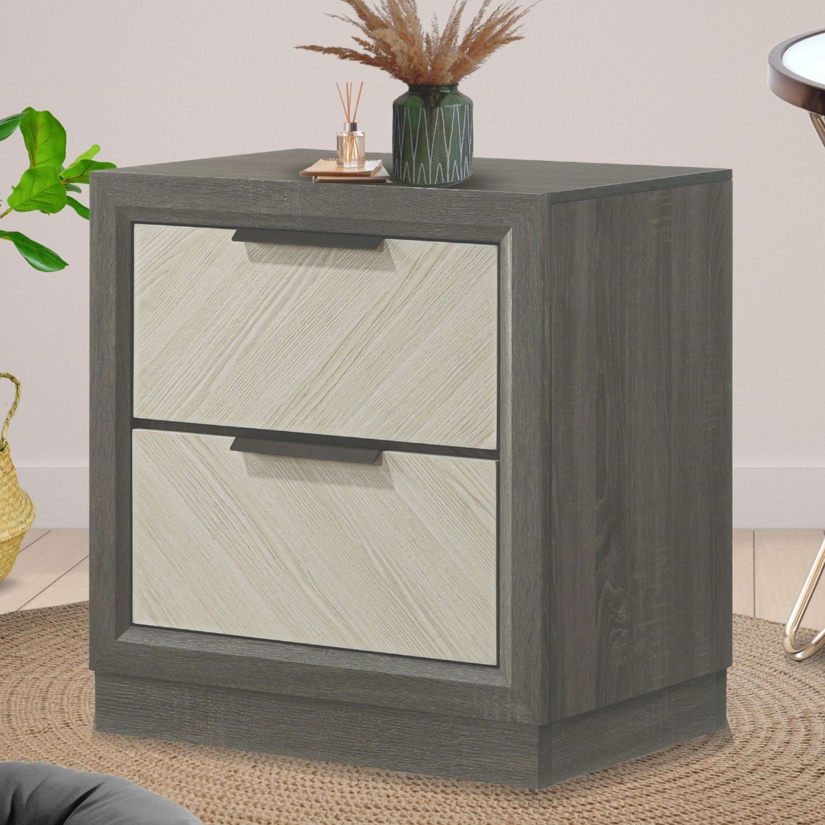 B0105-N Visalia Wooden Nightstand, White & Gray