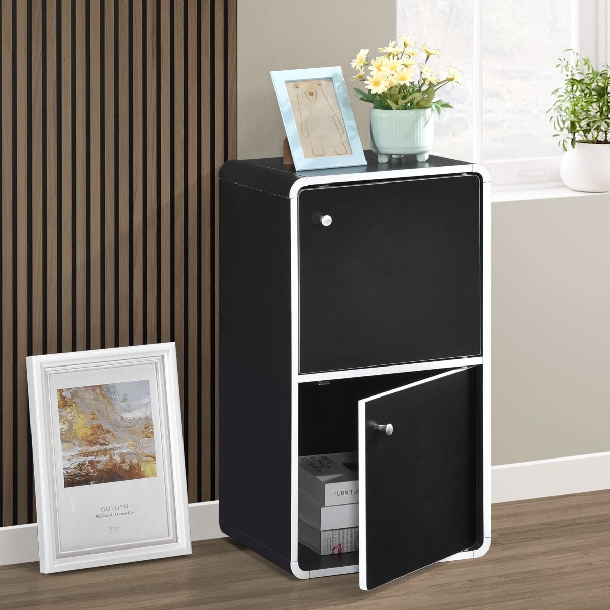 BK1268-BL Dothan Wood 2-Cubed Closed Bookcase, Black