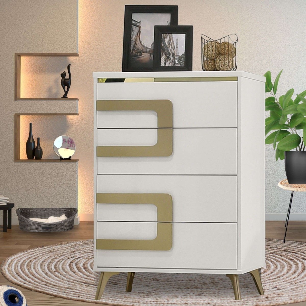 B231-C Claire Drawer Chest, White & Gold