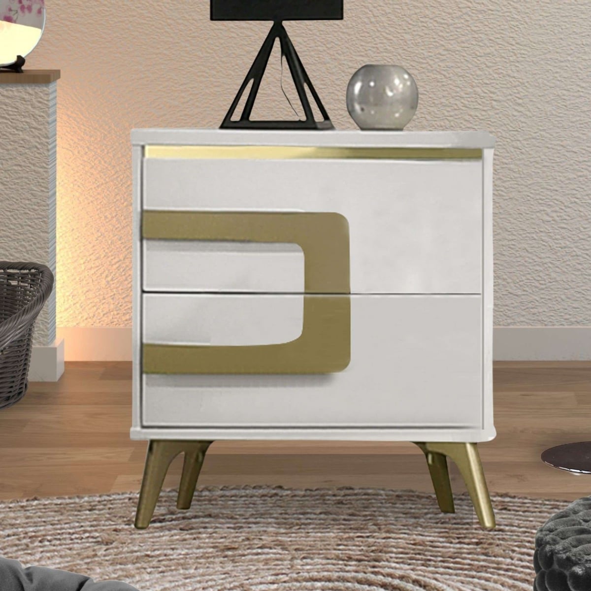 B231-N Claire 2 Drawer Nightstand, White & Gold