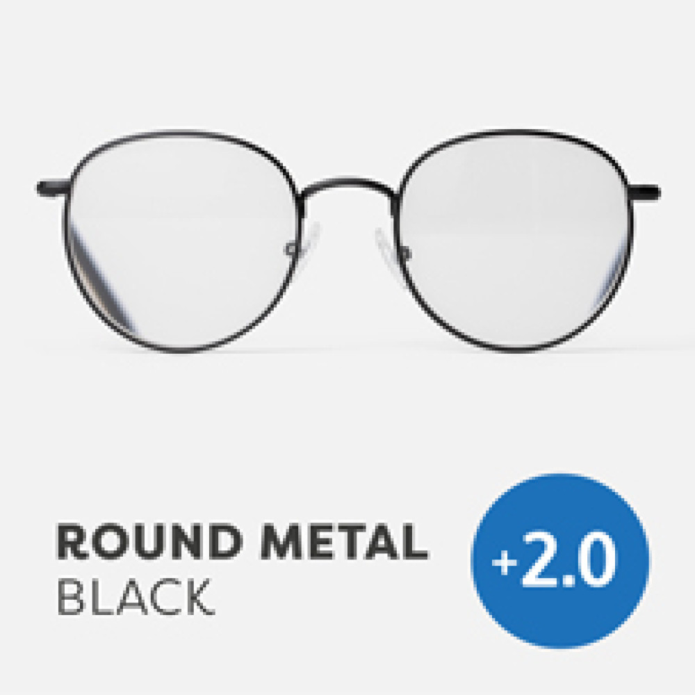47980 Easy Recycled Round Readers Glasses, Metal Black - Plus 2.0 Strength