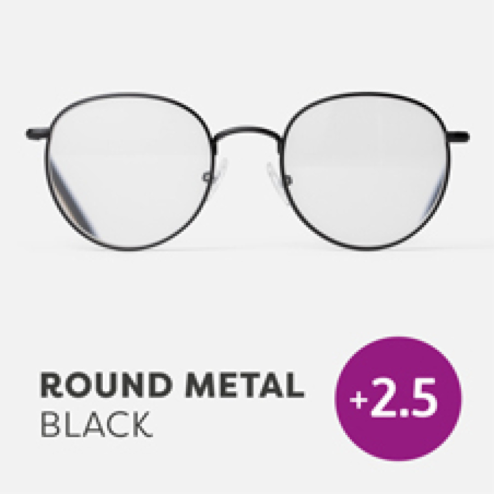47981 Easy Recycled Round Readers Glasses, Metal Black - Plus 2.5 Strength