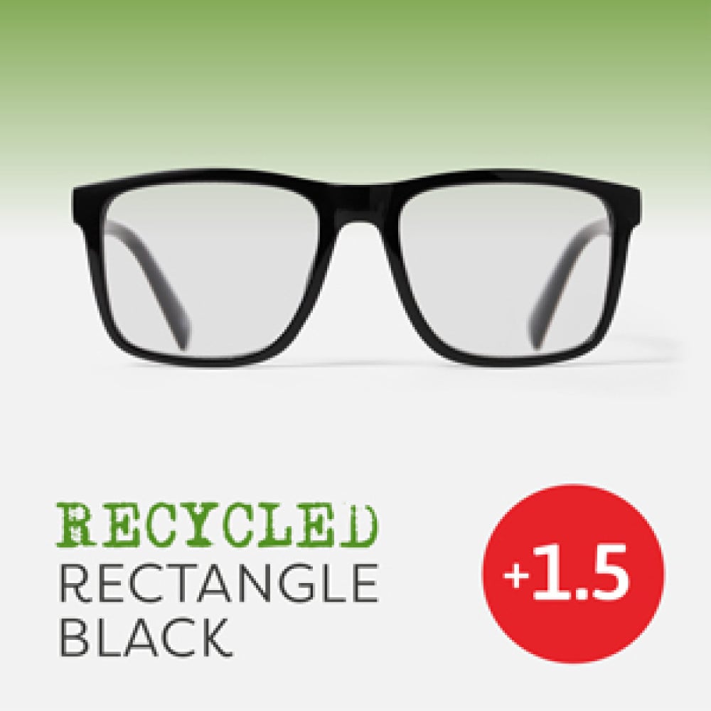 48902 Easy Recycled Rectangle Readers Glasses, Black - Plus 1.5 Strength