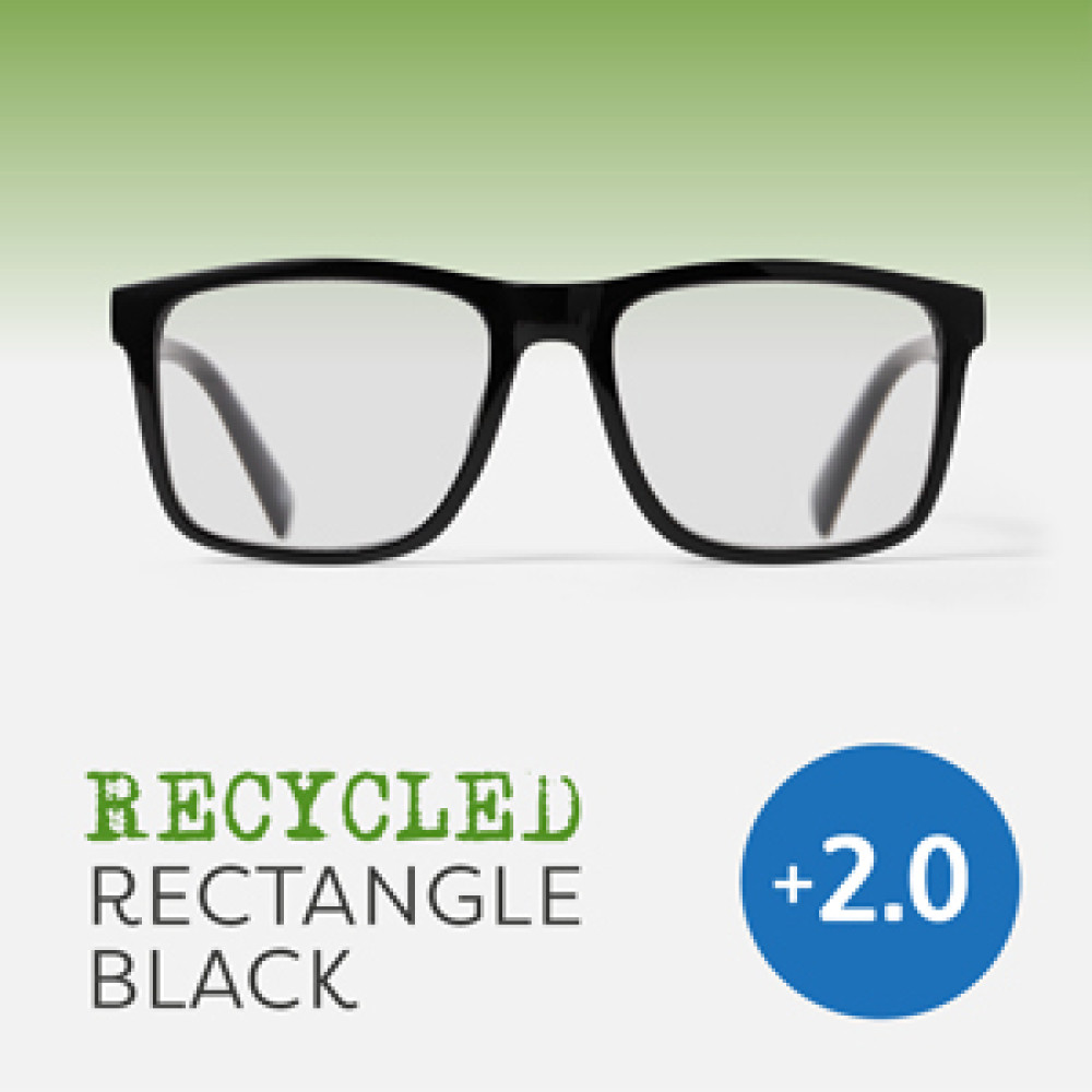 48903 Easy Recycled Rectangle Readers Glasses, Black - Plus 2.0 Strength
