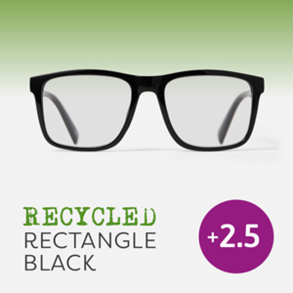 48904 Easy Recycled Rectangle Readers Glasses, Black - Plus 2.5 Strength