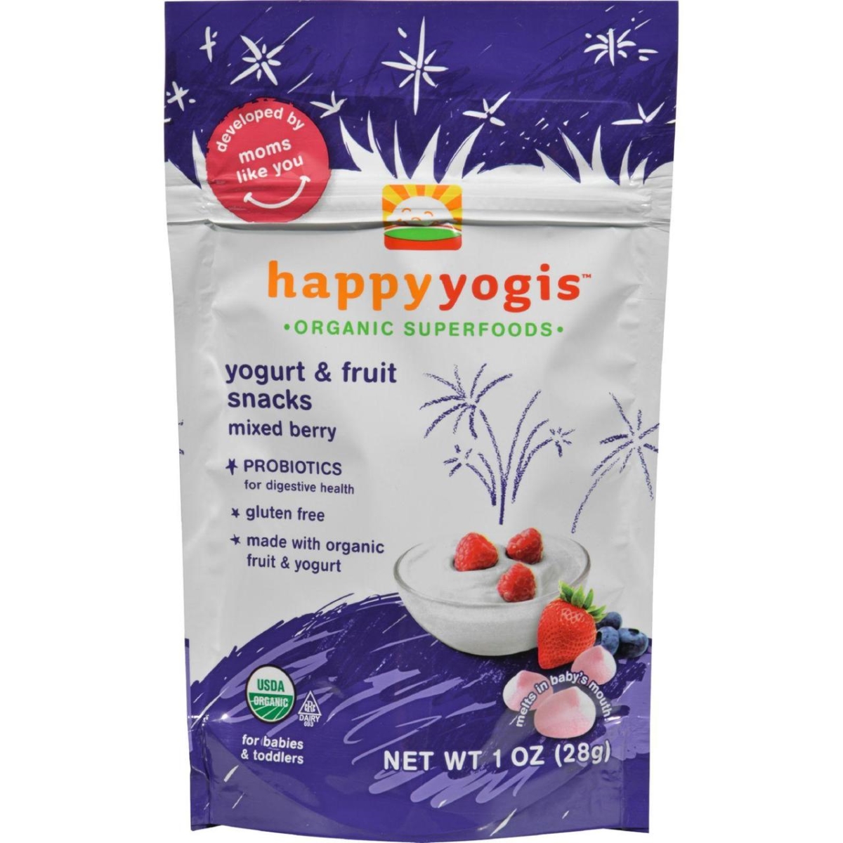 Picture of Happy Baby HG0210872 1 oz Happy Yogis Organic Superfoods Yogurt & Fruit Snacks - Mixed Berry&#44; Case of 8