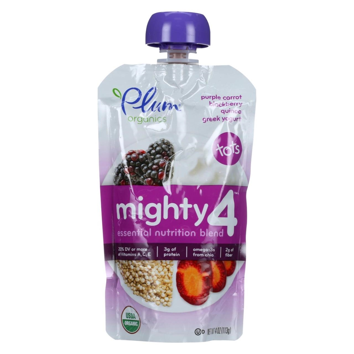 Picture of Plum Organics HG1252725 4 oz Mighty 4 Purple Carrot Blackberry Quinoa Greek Yogurt Blend Baby Food - Case of 6