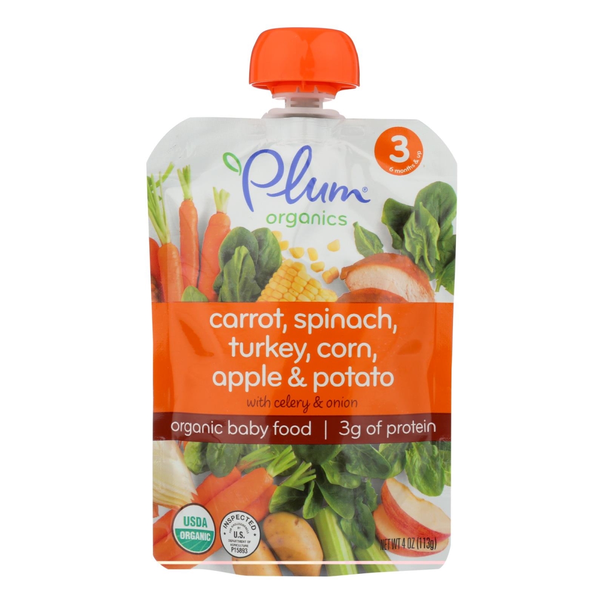Picture of Plum Organics HG1252865 4 oz Organic Sweet Corn & Carrot with Turkey Plus Sage Baby Food - Case of 6