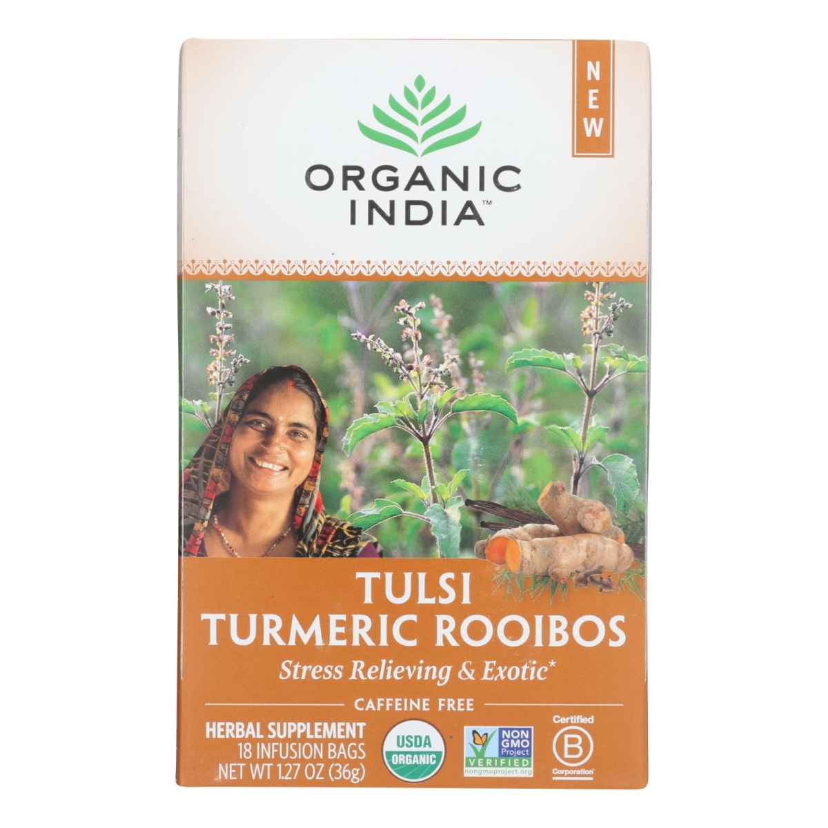 Picture of Organic India HG2364073 Tulsi Turmeric Roobio Herbal Supplement - Case of 6 - 18 Count