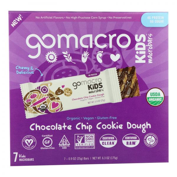 Picture of Gomacro HG2598316 6.3 oz Chocolate Chip Cookie Dough Kids Macrobar - Case of 7