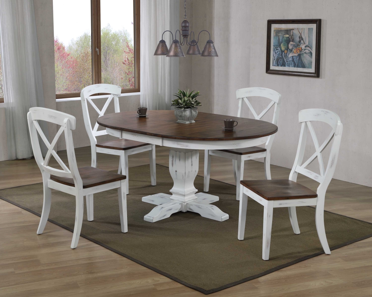 Transitional 5-Piece Dining Set - Distressed Cocoa Brown & Cotton White - Round Table - X-Back Design