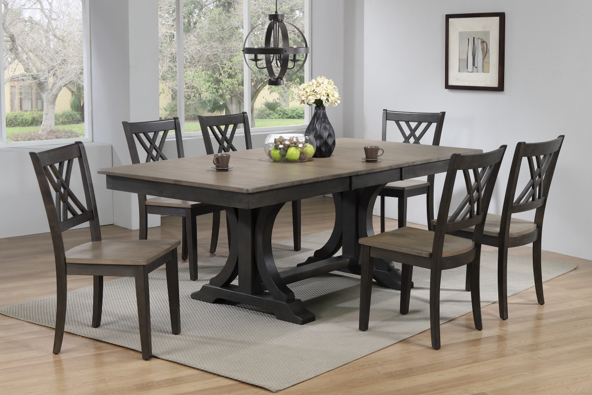 42 x 64 x 82 in. Double Pedestal Transitional Antiqued X-Back Chair Dining Set with Grey Stone & Black Stone Finish - 7 Piece