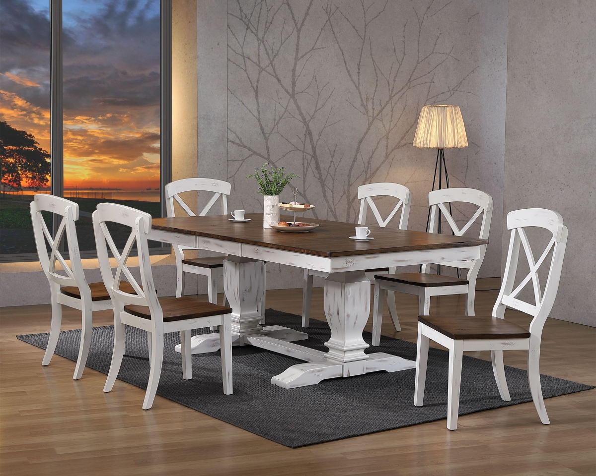 42 x 64 x 82 in. Double Pedestal Transitional X-Back Chair Dining Set with Distressed Cocoa Brown & Cotton White - 7 Piece