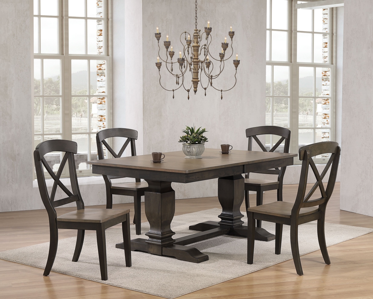 42 x 64 x 82 in. Double Pedestal Transitional Antique X-Back Chair Dining Set with Grey Stone & Black Stone Finish - 5 Piece