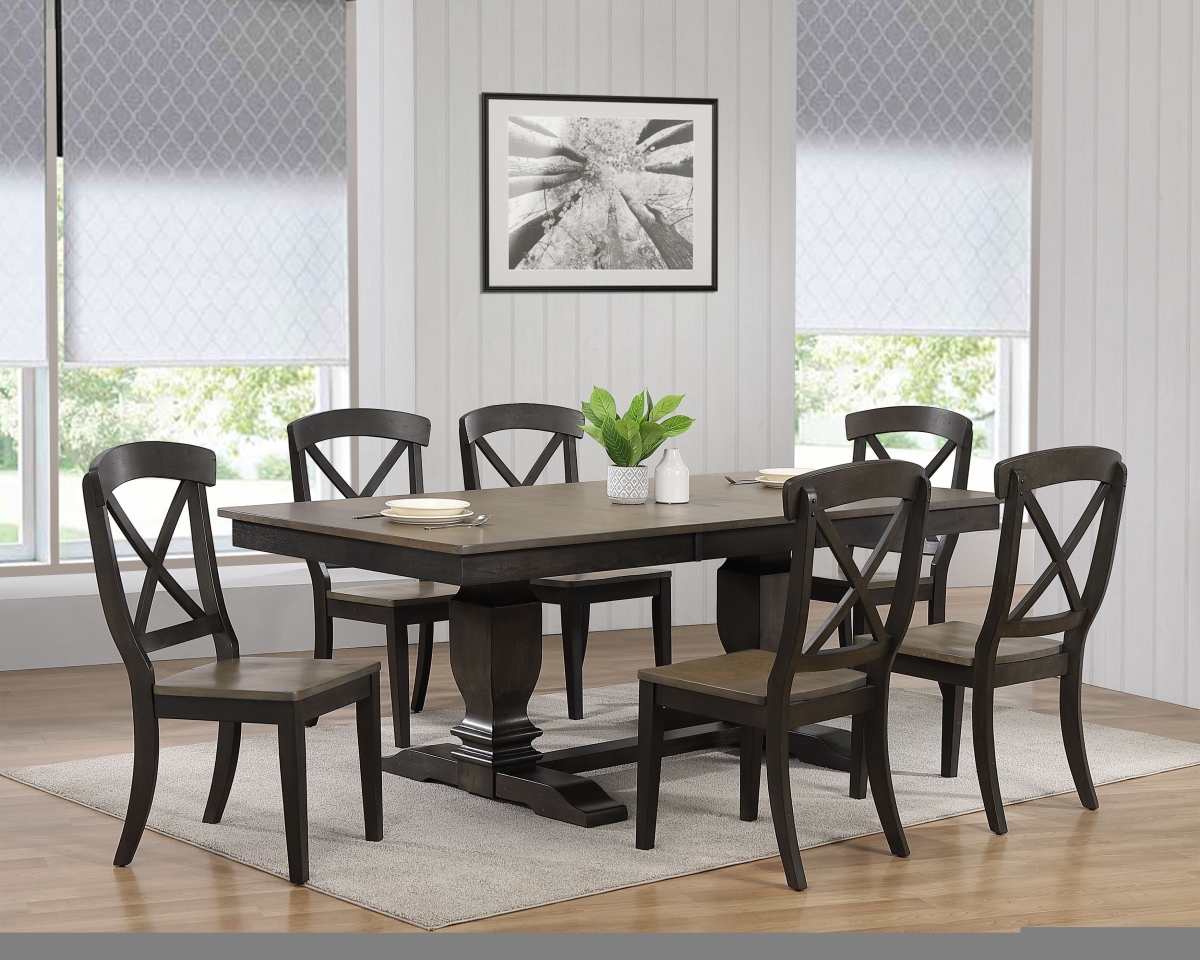 42 x 64 x 82 in. Double Pedestal Transitional Antique X-Back Chair Dining Set with Grey Stone & Black Stone Finish -7 Piece