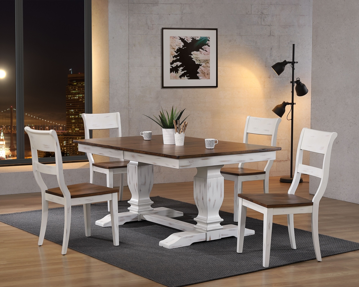RT82-TR-CH61DBNDWT5 42 x 64 x 82 in. Double Pedestal Transitional Dining Set with Distressed Cocoa Brown & Cotton White Finish - 5 Piece