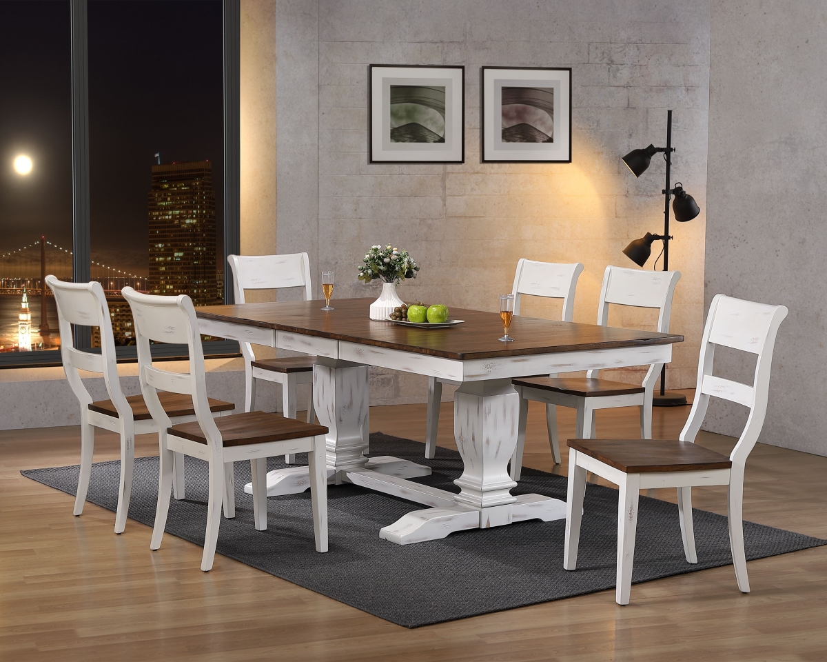 42 x 64 x 82 in. Double Pedestal Transitional Dining Set with Distressed Cocoa Brown & Cotton White Finish - 7 Piece