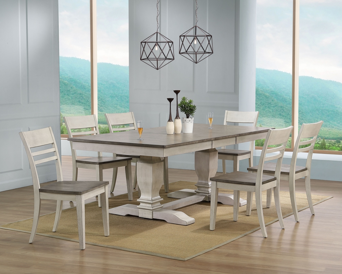 RT82-TR-CH63ASHSTW7 42 x 64 x 82 in. Double Pedestal Transitional Dining Set with Ash & Stormy White Finish - 7 Piece